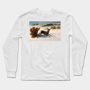 Deer Running in the Snow by Gustave Courbet Long Sleeve T-Shirt